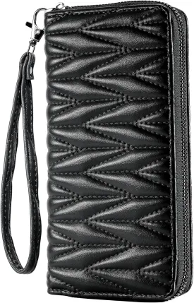 Women's Vegan Leather Wristlet Wallet with Phone Pocket - 8 Card Slots, Slim Design & Gift Box - Trendy Diffractive Diamond Pattern (Multiple Colors)(Black)