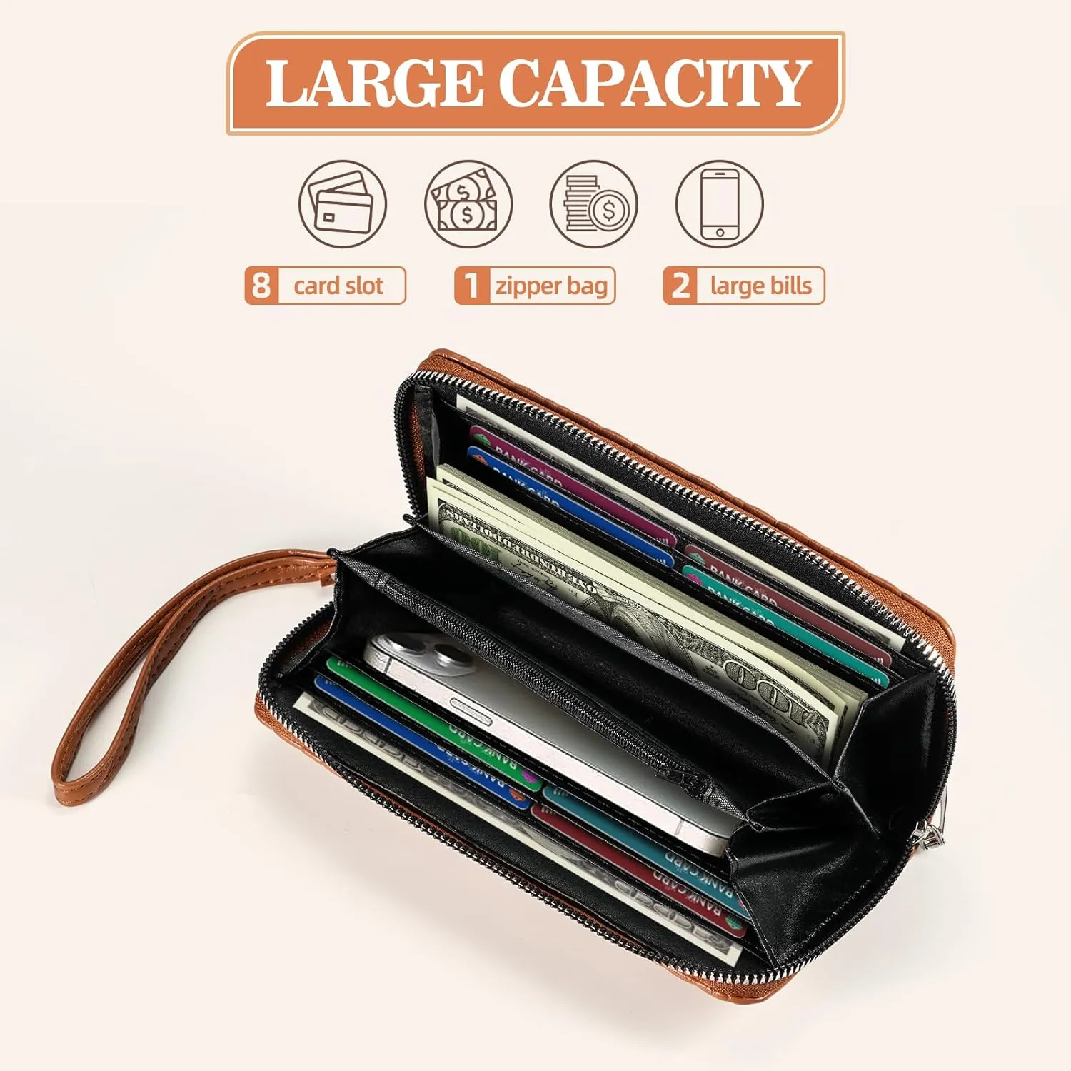 Women's Vegan Leather Wristlet Wallet with Phone Pocket - 8 Card Slots, Slim Design & Gift Box - Trendy Diffractive Diamond Pattern (Multiple Colors)(Black)