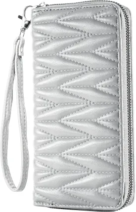 Women's Vegan Leather Wristlet Wallet with Phone Pocket - 8 Card Slots, Slim Design & Gift Box - Trendy Diffractive Diamond Pattern (Multiple Colors)(Silvery)