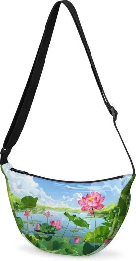 Yzrwebo Lotus Flower Crescent Bag for Women Men Trendy, Summer Pond Moon Sling Crossbody Bags, Hobo Purse Small Shoulder Casual Handbag